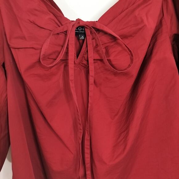 4081)Eloquii Studio Red Off Shoulders 3/4 Puff Sleeve Tie Neck Blouse Size 16 - Picture 5 of 7